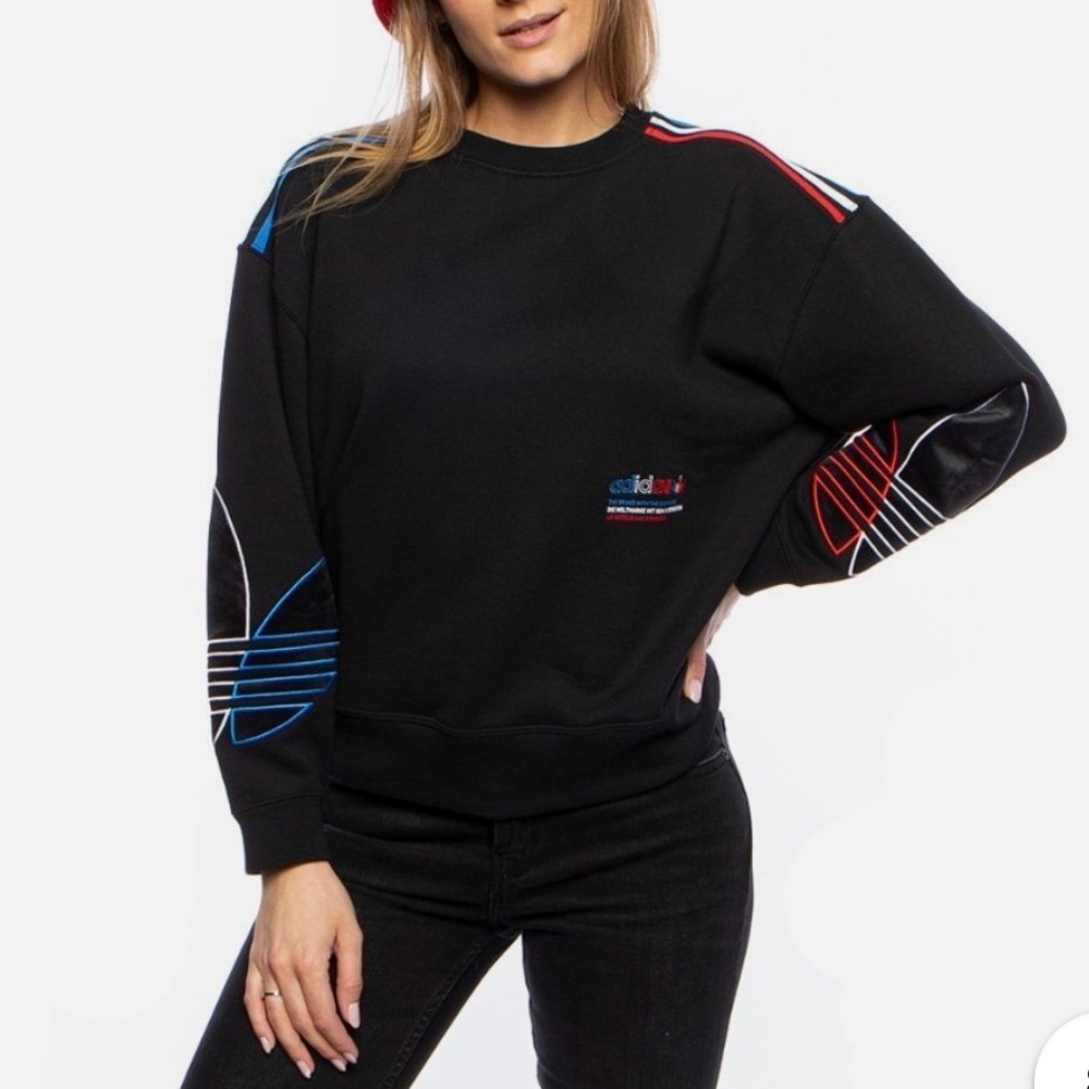 Adidas Adicolor Tricolor Trefoil Velvet Crewneck Sweatshirt Black Women's Small‎